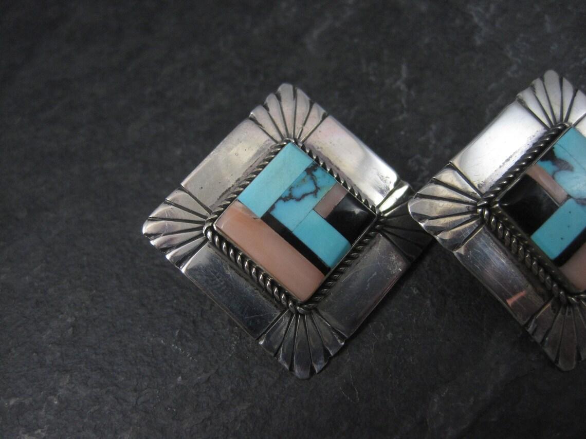 Vintage Southwestern Sterling Inlay Clip On Earrings In Excellent Condition For Sale In Webster, SD