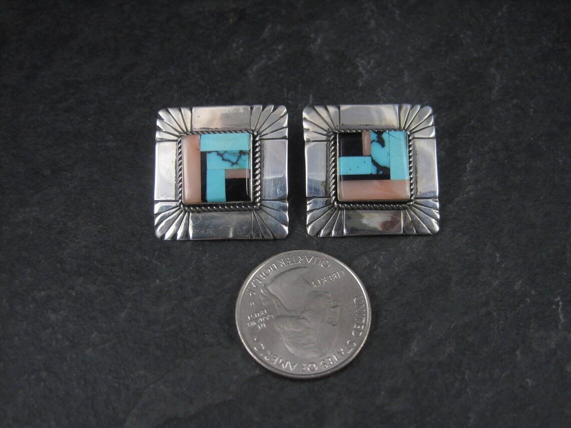 Vintage Southwestern Sterling Inlay Clip On Earrings For Sale 1