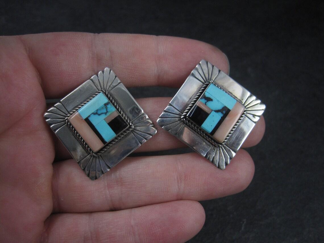 Vintage Southwestern Sterling Inlay Clip On Earrings For Sale 3