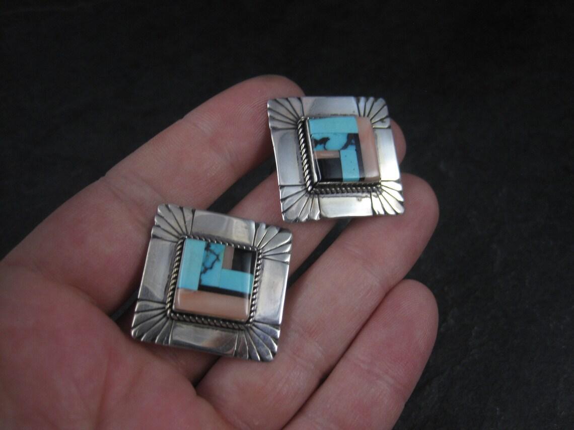 Vintage Southwestern Sterling Inlay Clip On Earrings For Sale 4