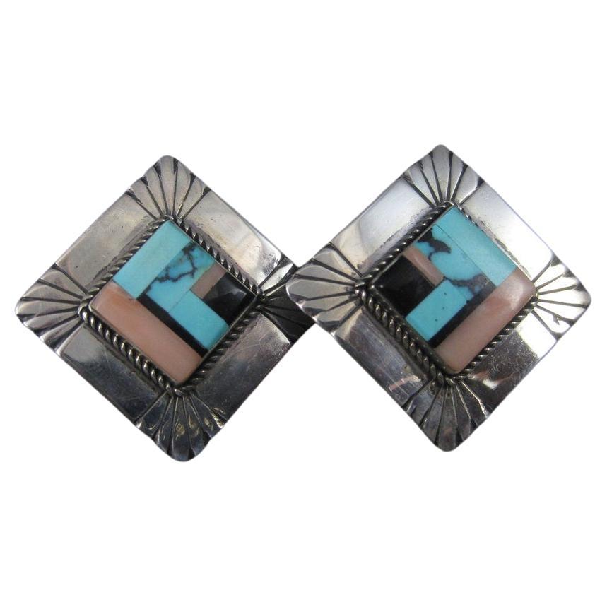 Vintage Southwestern Sterling Inlay Clip On Earrings For Sale