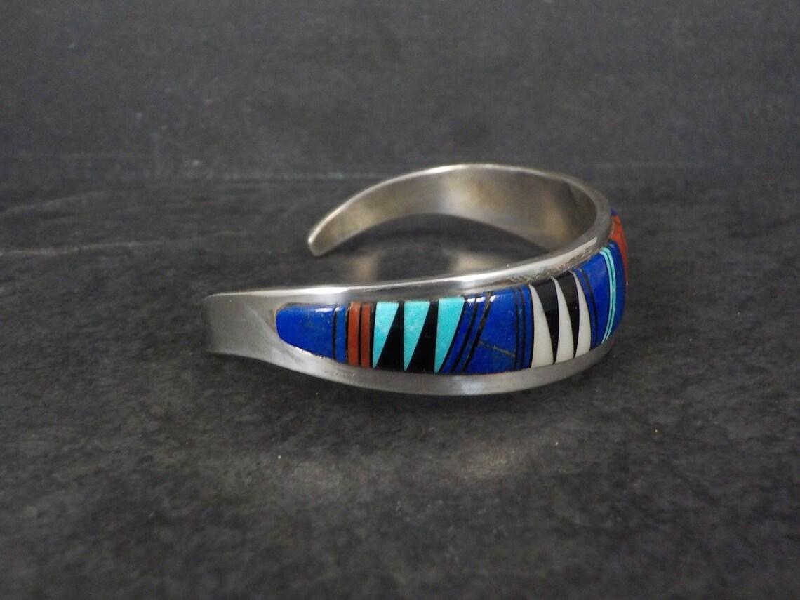 Vintage Southwestern Sterling Inlay Cuff Bracelet In Excellent Condition For Sale In Webster, SD