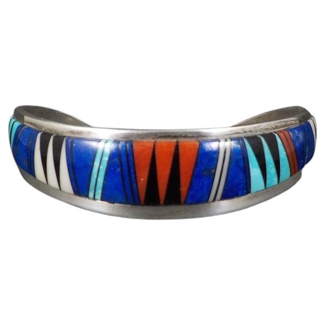 Vintage Southwestern Sterling Inlay Cuff Bracelet For Sale