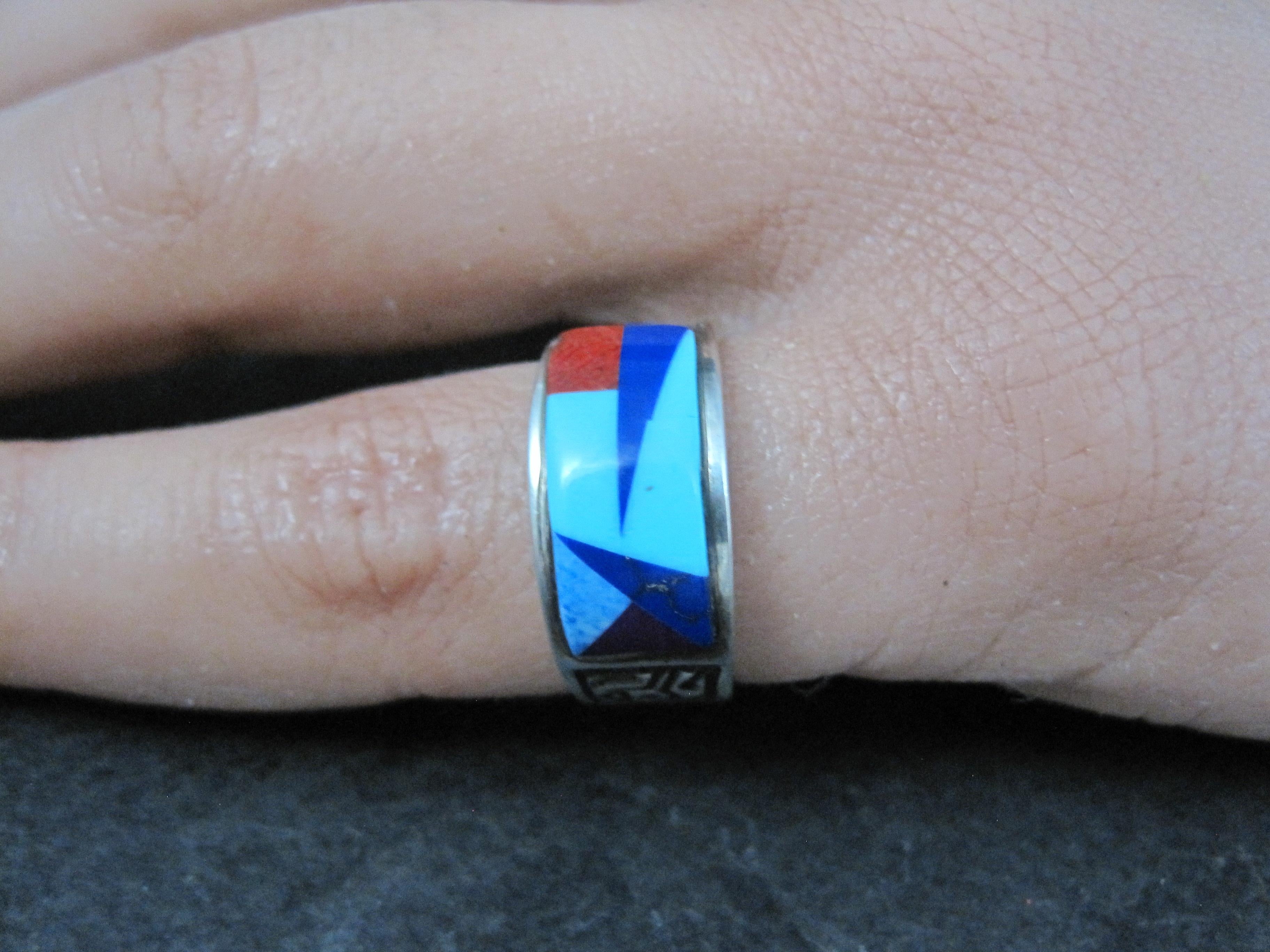 Vintage Southwestern Sterling Inlay Ring Size 5.5 For Sale 2