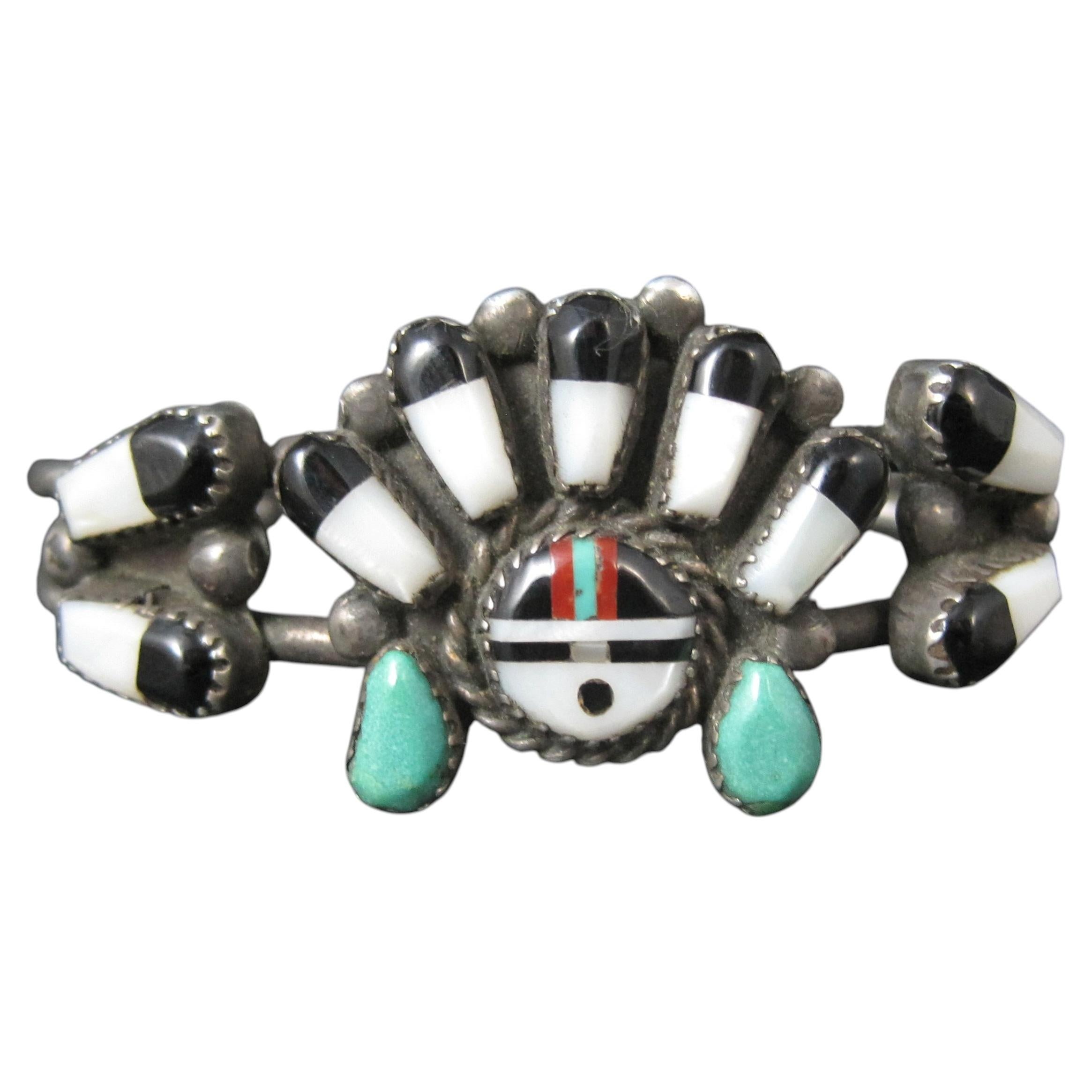 Vintage Southwestern Sterling Inlay Sunface Cuff Bracelet 6.25"