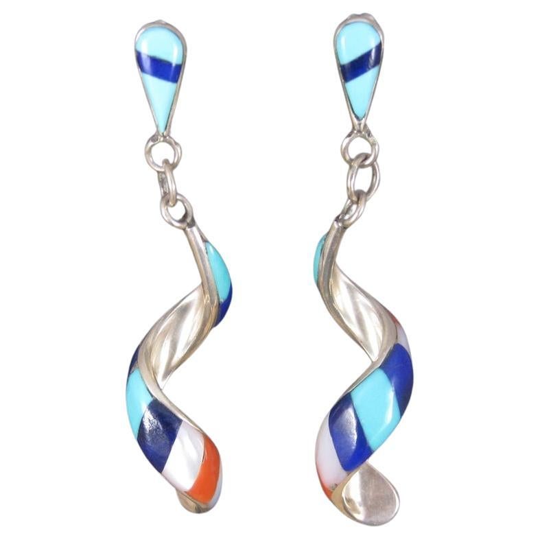 Pendientes Vintage Southwestern Sterling Red White Blue Inlay