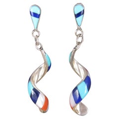 Pendientes Vintage Southwestern Sterling Red White Blue Inlay