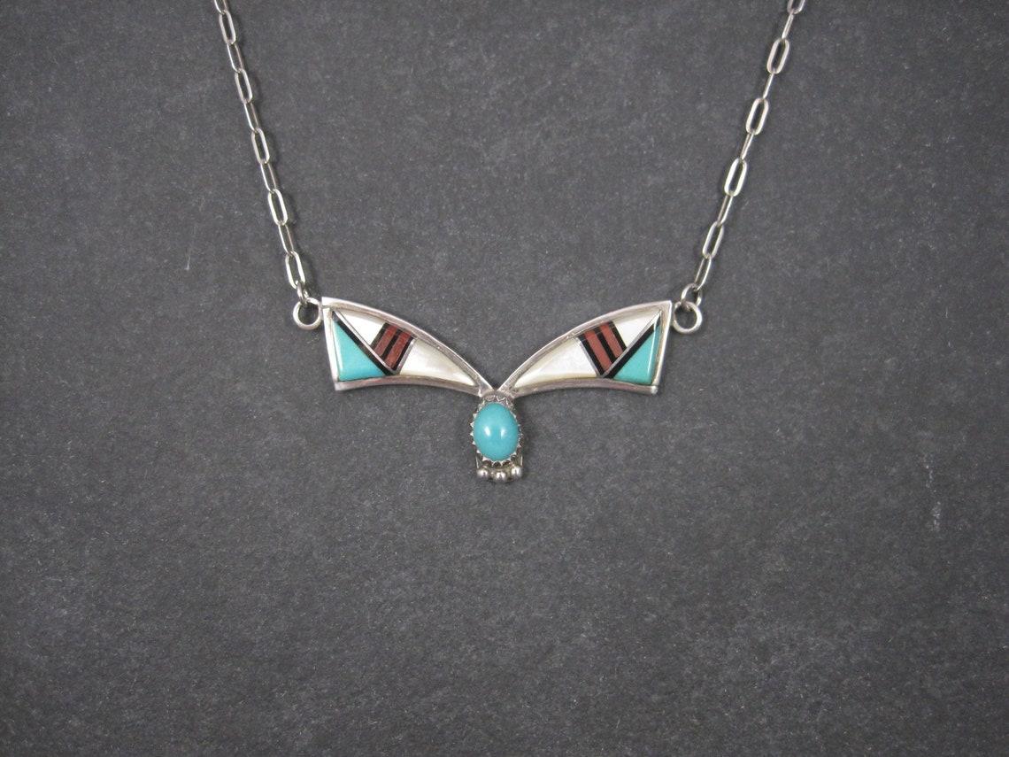 Native American Vintage Southwestern Sterling Silver Inlay Necklace For Sale