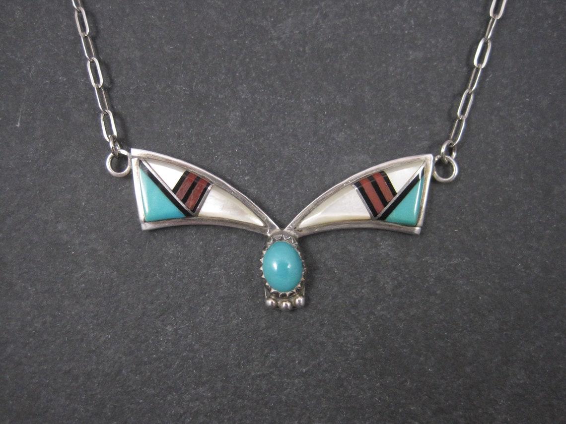Mixed Cut Vintage Southwestern Sterling Silver Inlay Necklace For Sale