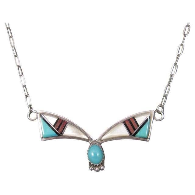 Silver Inlay Collection Large Sterling Silver Native American Inlay Pendant Necklace For Sale ...