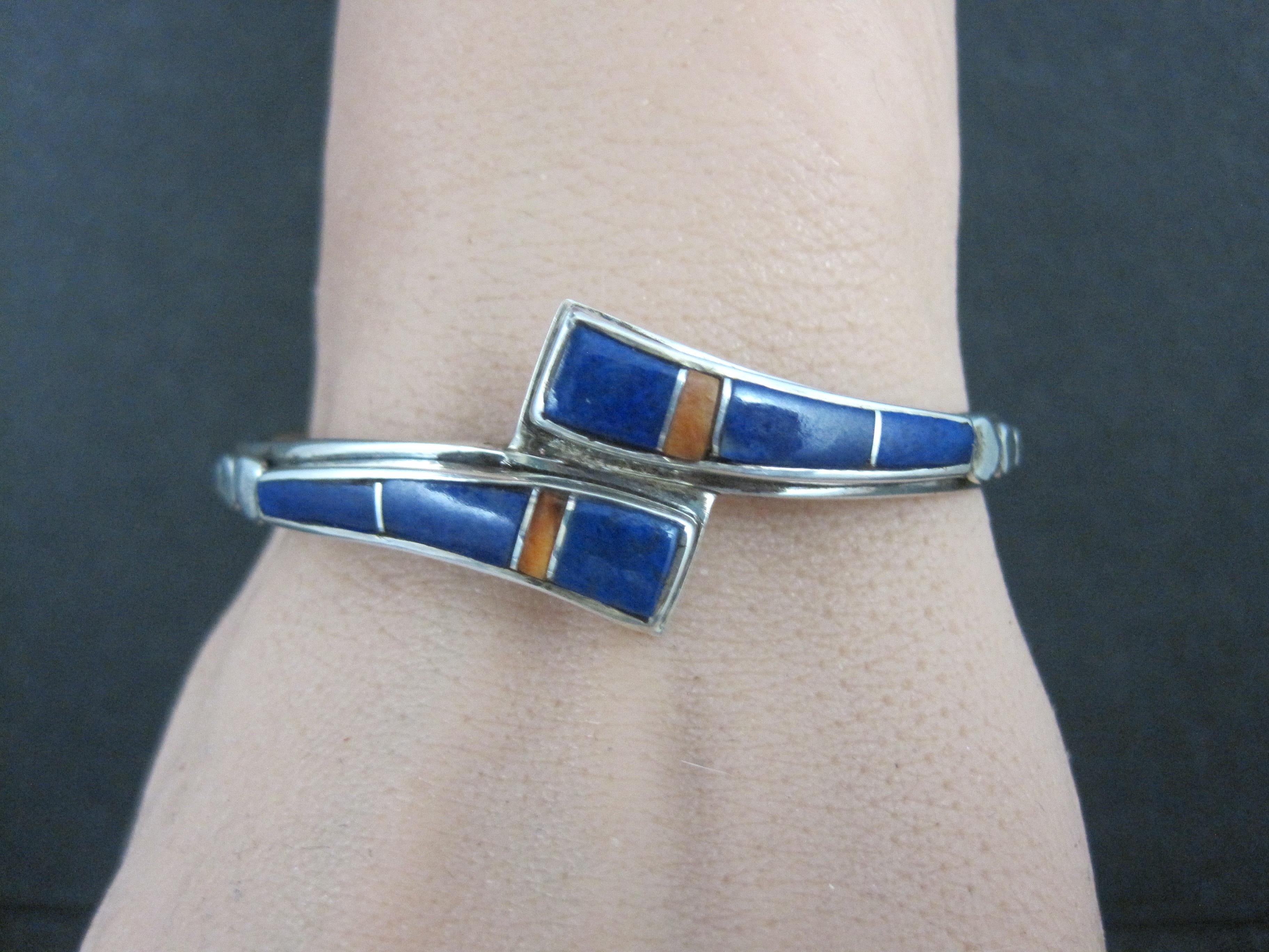 Vintage Southwestern Sterling Silver Lapis Lazuli Spiny Oyster Cuff Bracelet 6