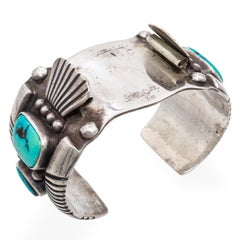 Vintage Southwestern Sterling Silver Turquoise Cuff Watch Bracelet