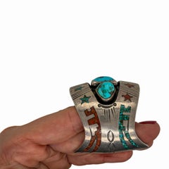 Vintage Southwestern Sterling Silver Turquoise & Multi-Stone Inlay Cuff Bracelet