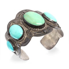 Vintage Southwestern Sterling Silver Turquoise Scalloped Cuff Bracelet