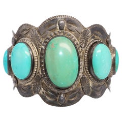 Vintage Southwestern Sterling Silver Turquoise Scalloped Cuff Bracelet
