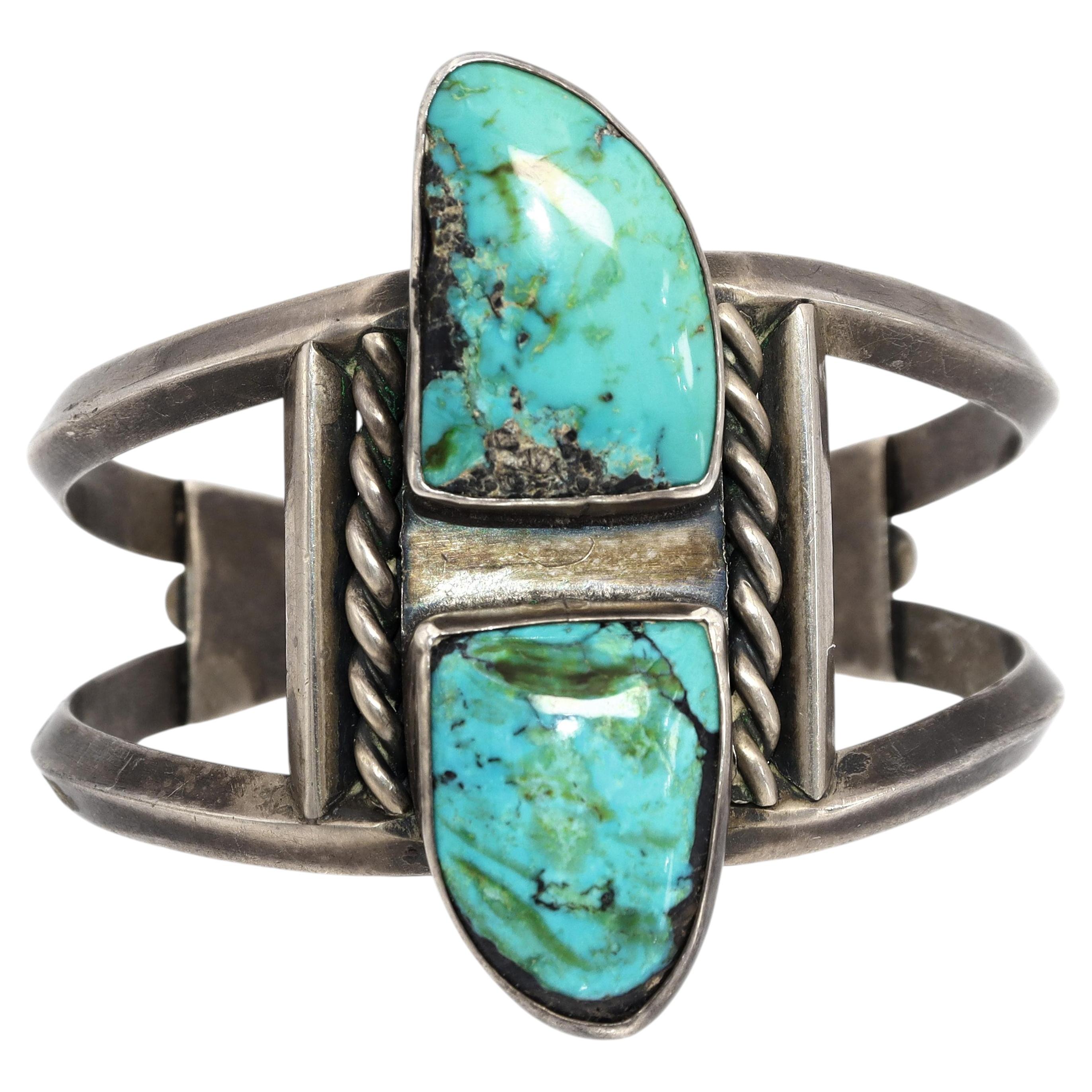 Vintage Southwestern Sterling Silver Turquoise Split Cuff Bracelet For Sale