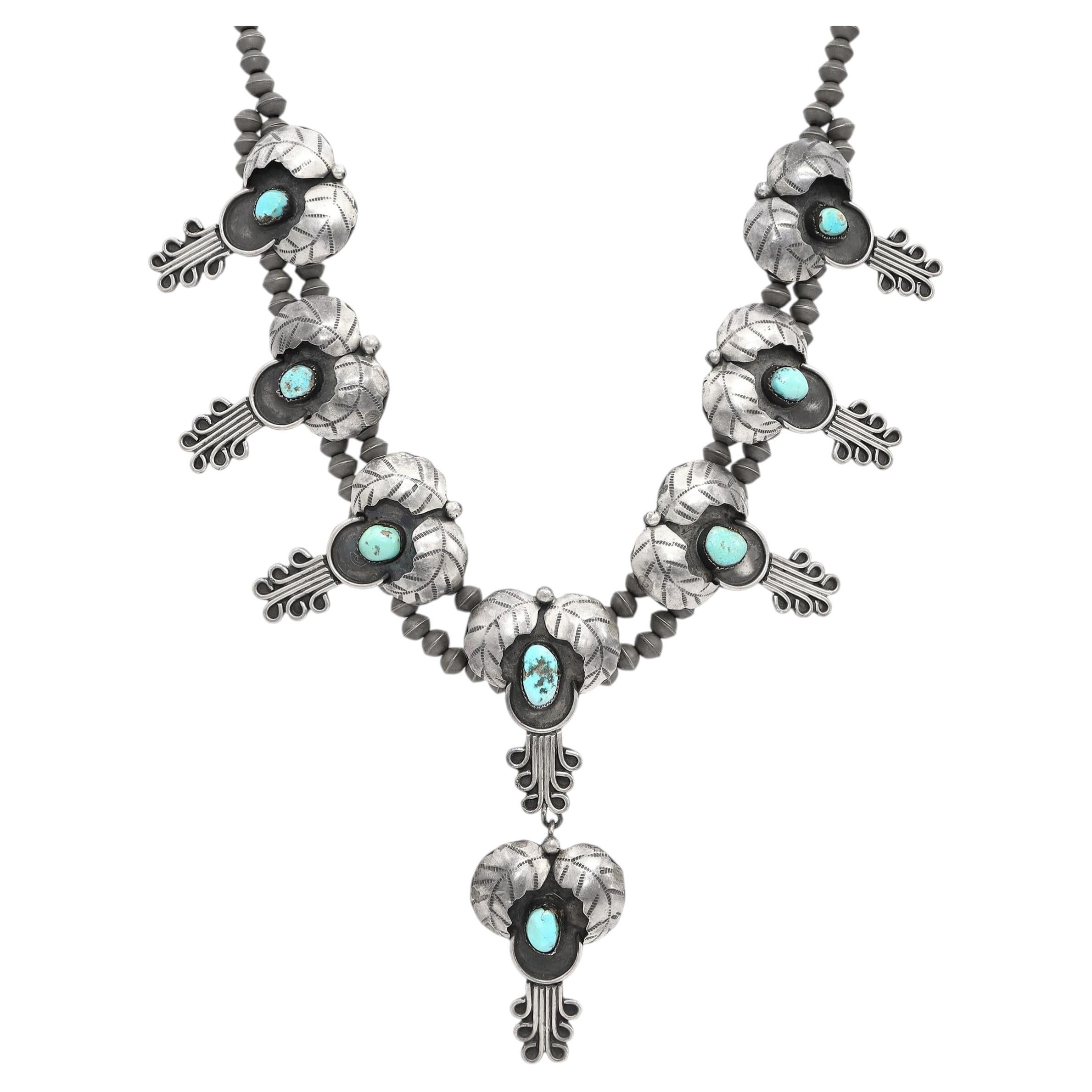 Vintage Southwestern Sterling Silver Turquoise Squash Blossom Style Necklace