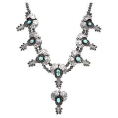 Vintage Southwestern Sterling Silver Turquoise Squash Blossom Style Necklace