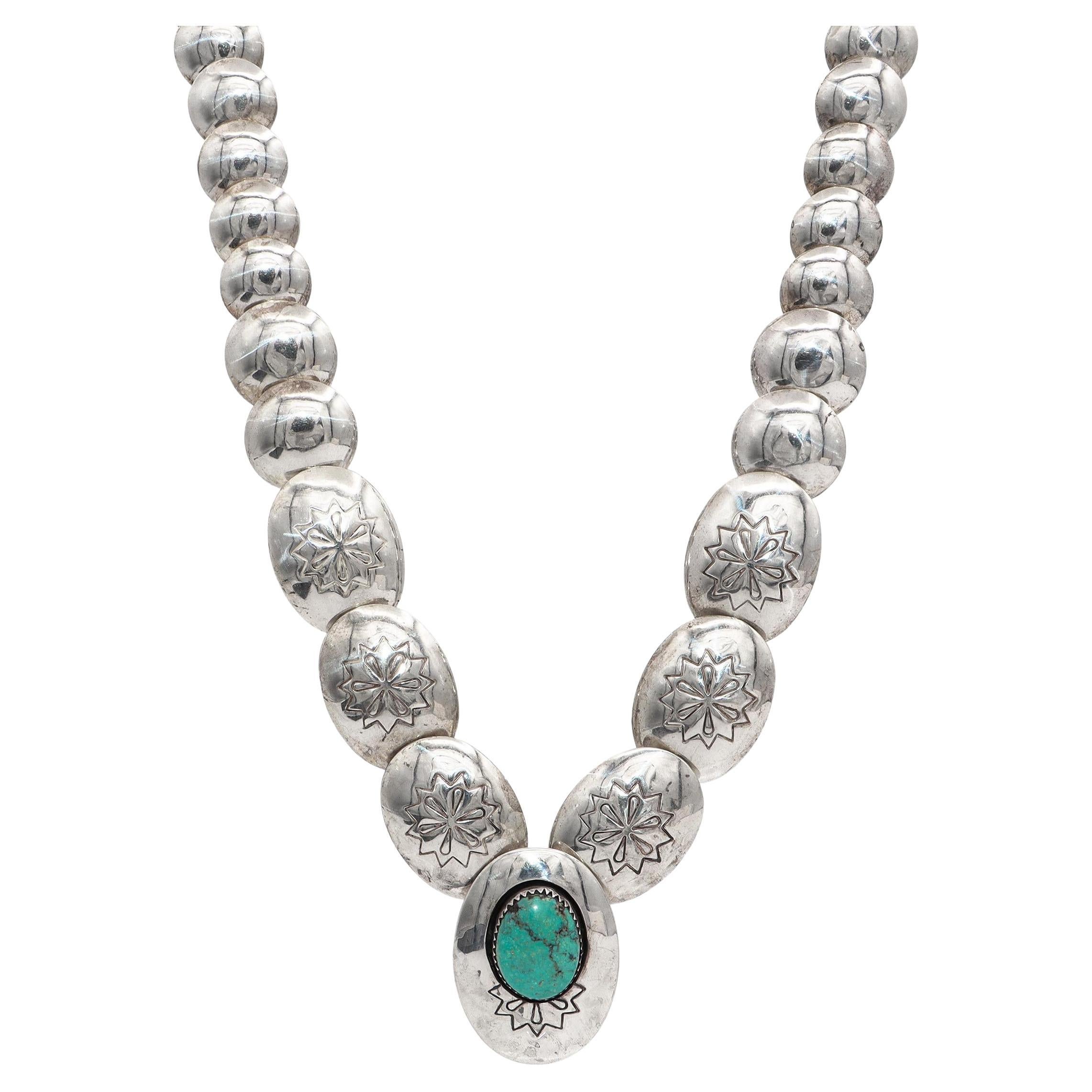 Vintage Southwestern Sterling Silver Turquoise Stamped Beaded Strand Necklace in vendita