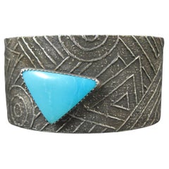 Bracelet manchette vintage en argent sterling moulé avec turquoise de Tufa du Sud-Ouest