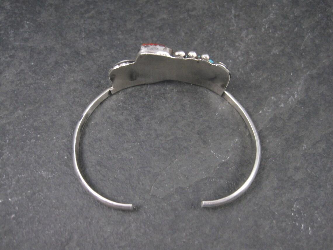 Vintage Southwestern Sterling Turquoise Coral Cuff Bracelet 6.25 Inches For Sale 4