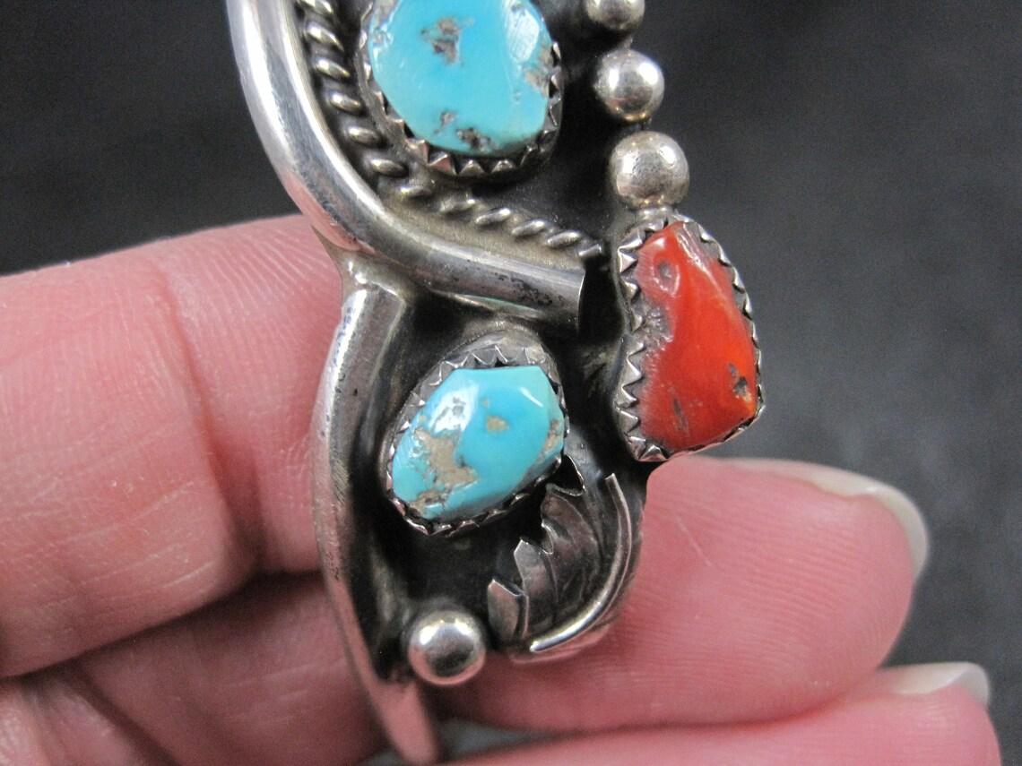 Vintage Southwestern Sterling Turquoise Coral Cuff Bracelet 6.25 Inches For Sale 5