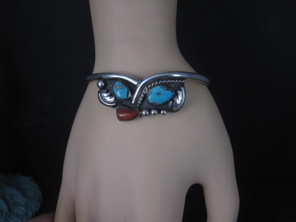 Native American Vintage Southwestern Sterling Turquoise Coral Cuff Bracelet 6.25 Inches For Sale