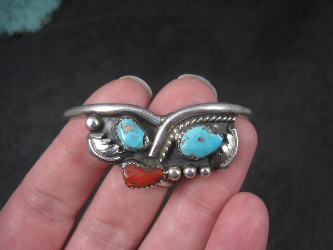 Mixed Cut Vintage Southwestern Sterling Turquoise Coral Cuff Bracelet 6.25 Inches For Sale