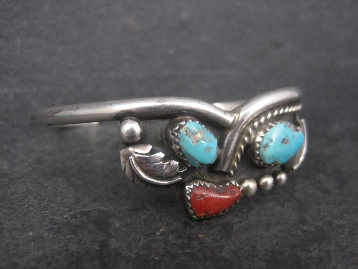 Women's Vintage Southwestern Sterling Turquoise Coral Cuff Bracelet 6.25 Inches For Sale