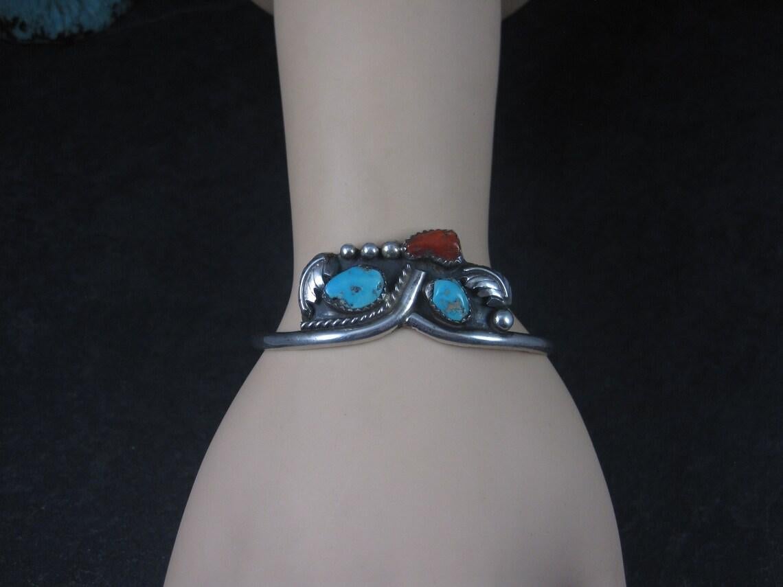 Vintage Southwestern Sterling Turquoise Coral Cuff Bracelet 6.25 Inches For Sale 3