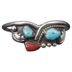 Bracelet manchette vintage du sud-ouest en argent sterling avec turquoise et corail de 6,25 pouces