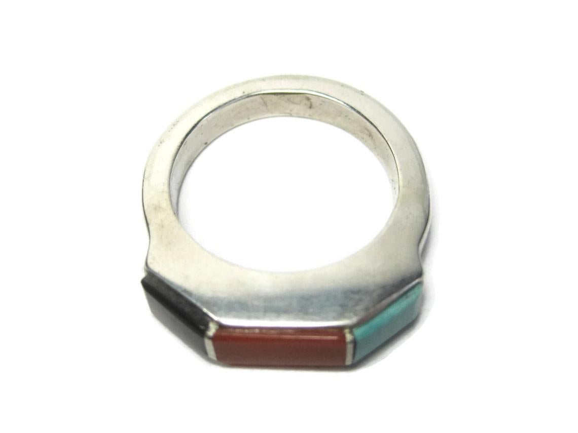 Anello d'epoca in sterling turchese corallo onice del sud-ovest, misura 6 In condizioni buone in vendita a Webster, SD