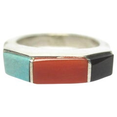 Vintage Southwestern Sterling Turquoise Coral Onyx Ring Size 6