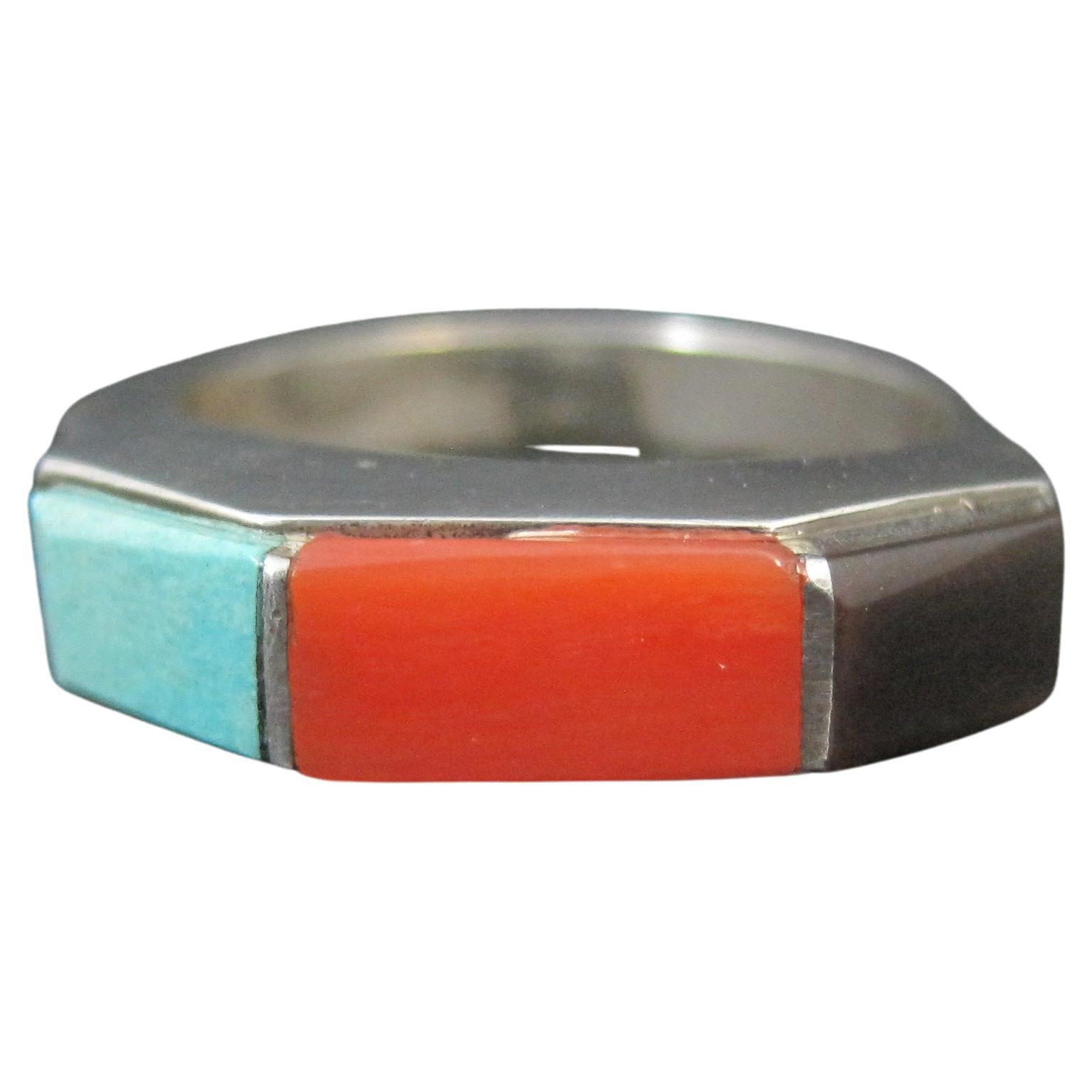 Vintage Southwestern Sterling Turquoise Coral Onyx Ring Size 6