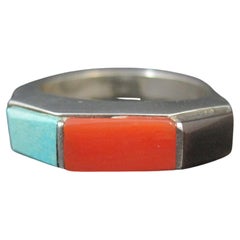 Anillo Vintage Southwestern Sterling Turquoise Coral Onyx Talla 6