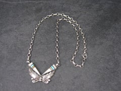 Vintage Southwestern Sterling Turquoise Inlay Feather Necklace