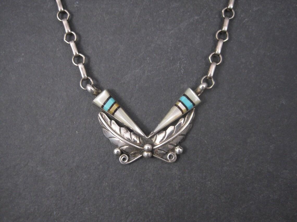 Native American Vintage Southwestern Sterling Turquoise Inlay Feather Necklace For Sale