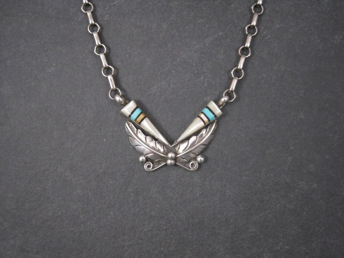 Mixed Cut Vintage Southwestern Sterling Turquoise Inlay Feather Necklace For Sale