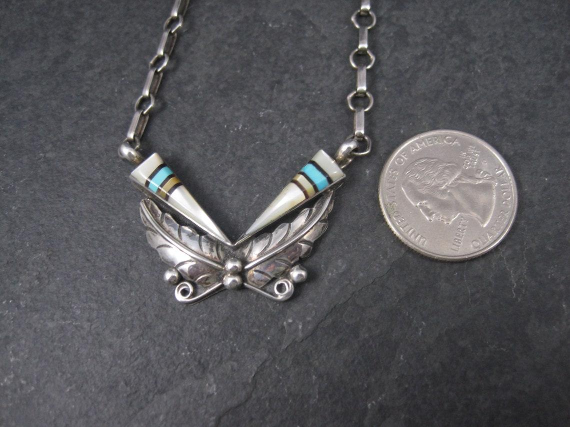 Women's Vintage Southwestern Sterling Turquoise Inlay Feather Necklace For Sale
