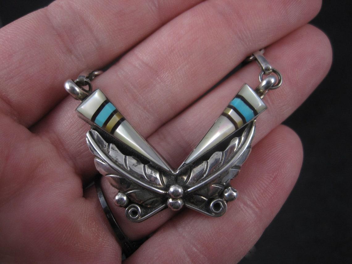 Vintage Southwestern Sterling Turquoise Inlay Feather Necklace For Sale 1