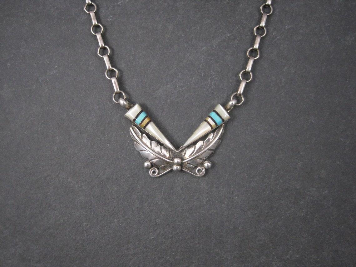 Vintage Southwestern Sterling Turquoise Inlay Feather Necklace For Sale 3