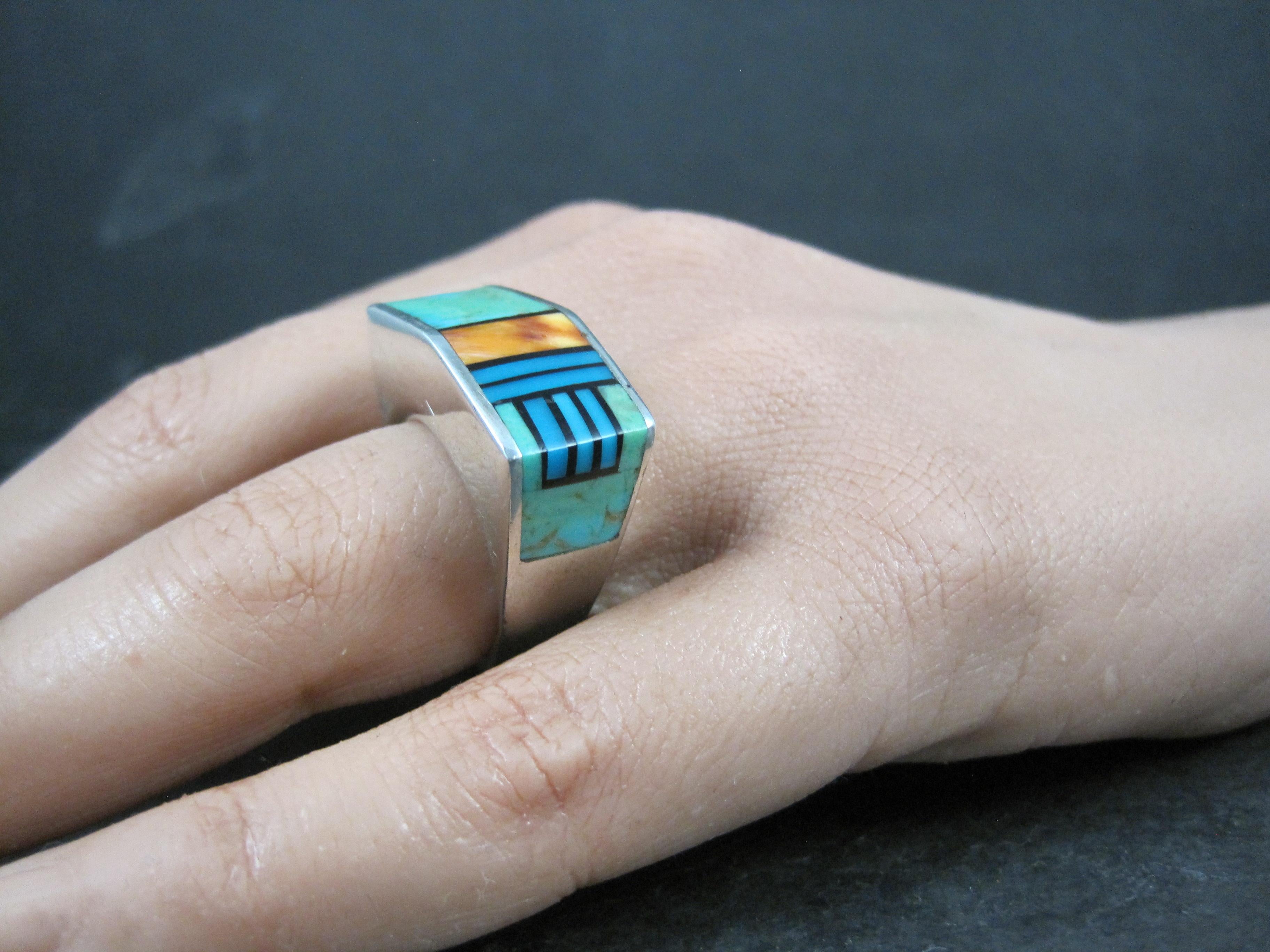 Vintage Southwestern Sterling Turquoise Spiny Oyster Inlay Ring Size 7 For Sale 4