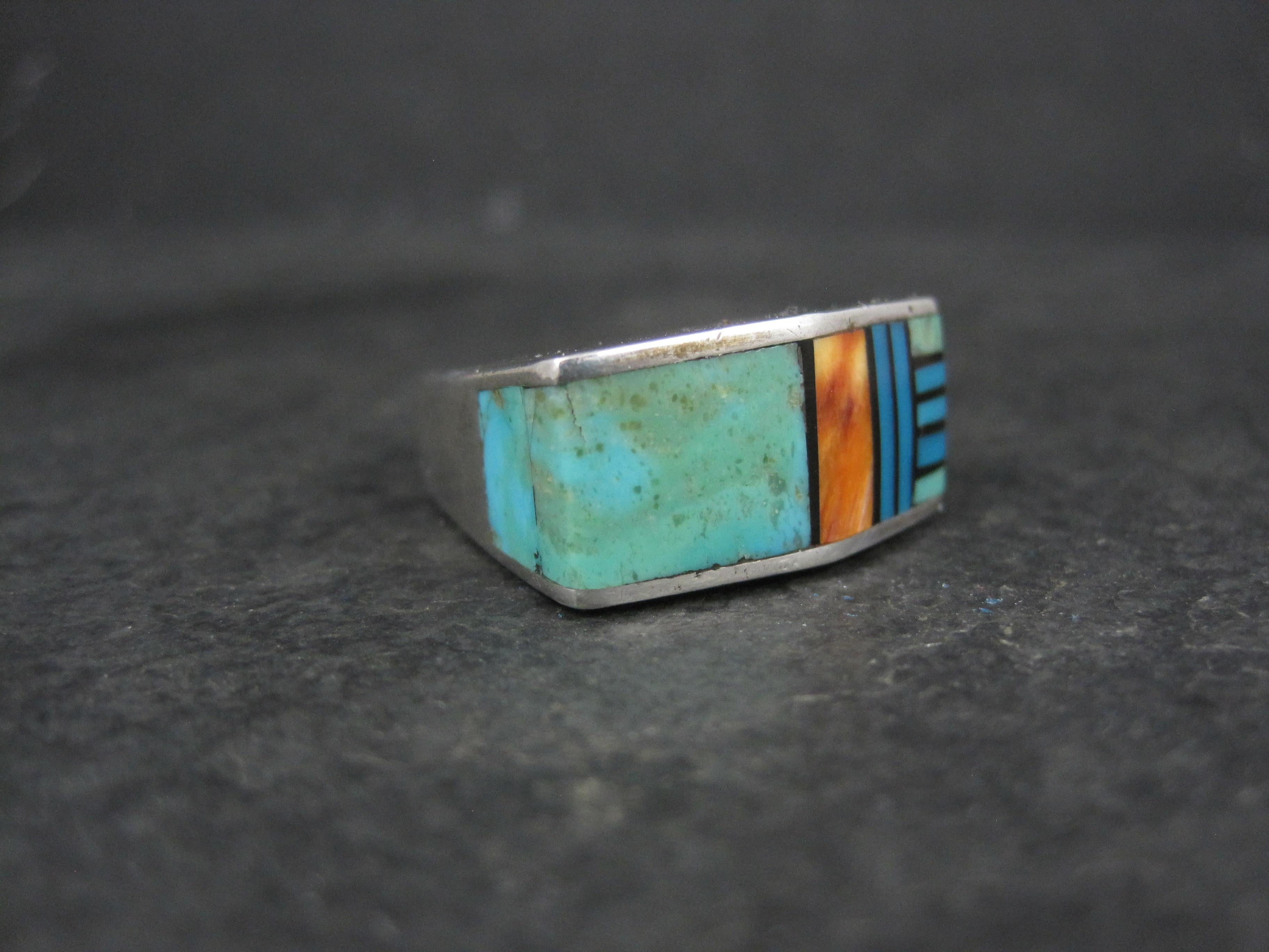 Native American Vintage Southwestern Sterling Turquoise Spiny Oyster Inlay Ring Size 7 For Sale