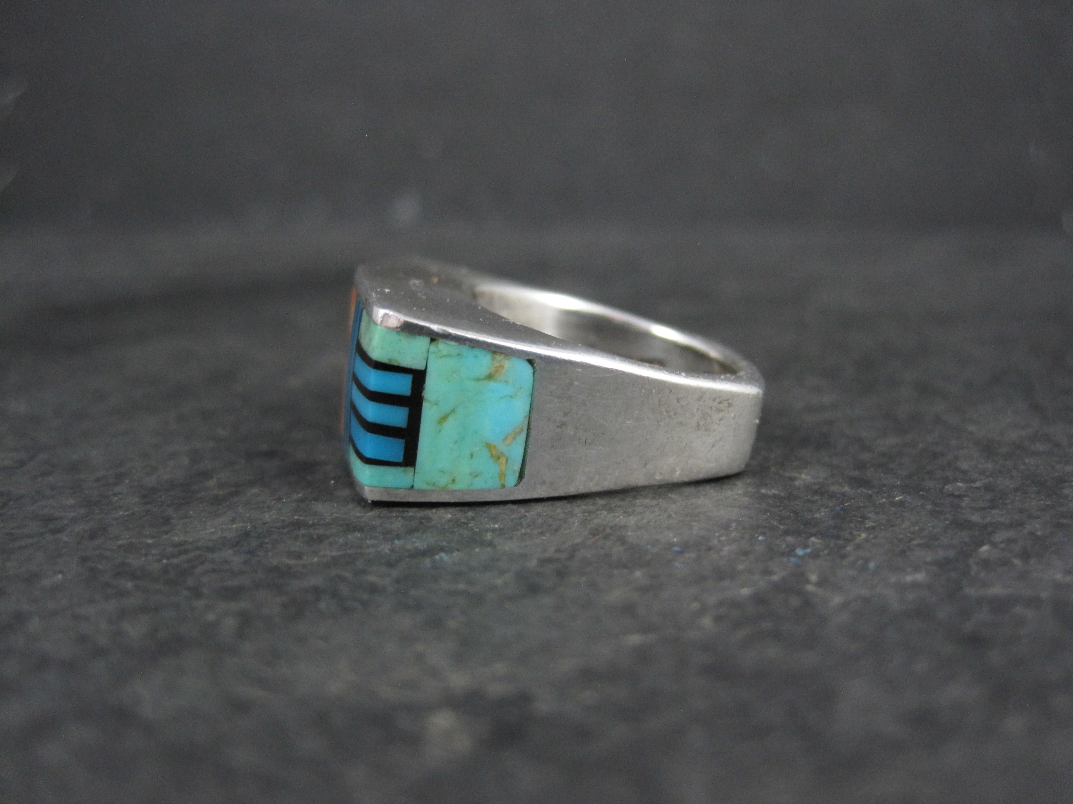 Women's or Men's Vintage Southwestern Sterling Turquoise Spiny Oyster Inlay Ring Size 7 For Sale