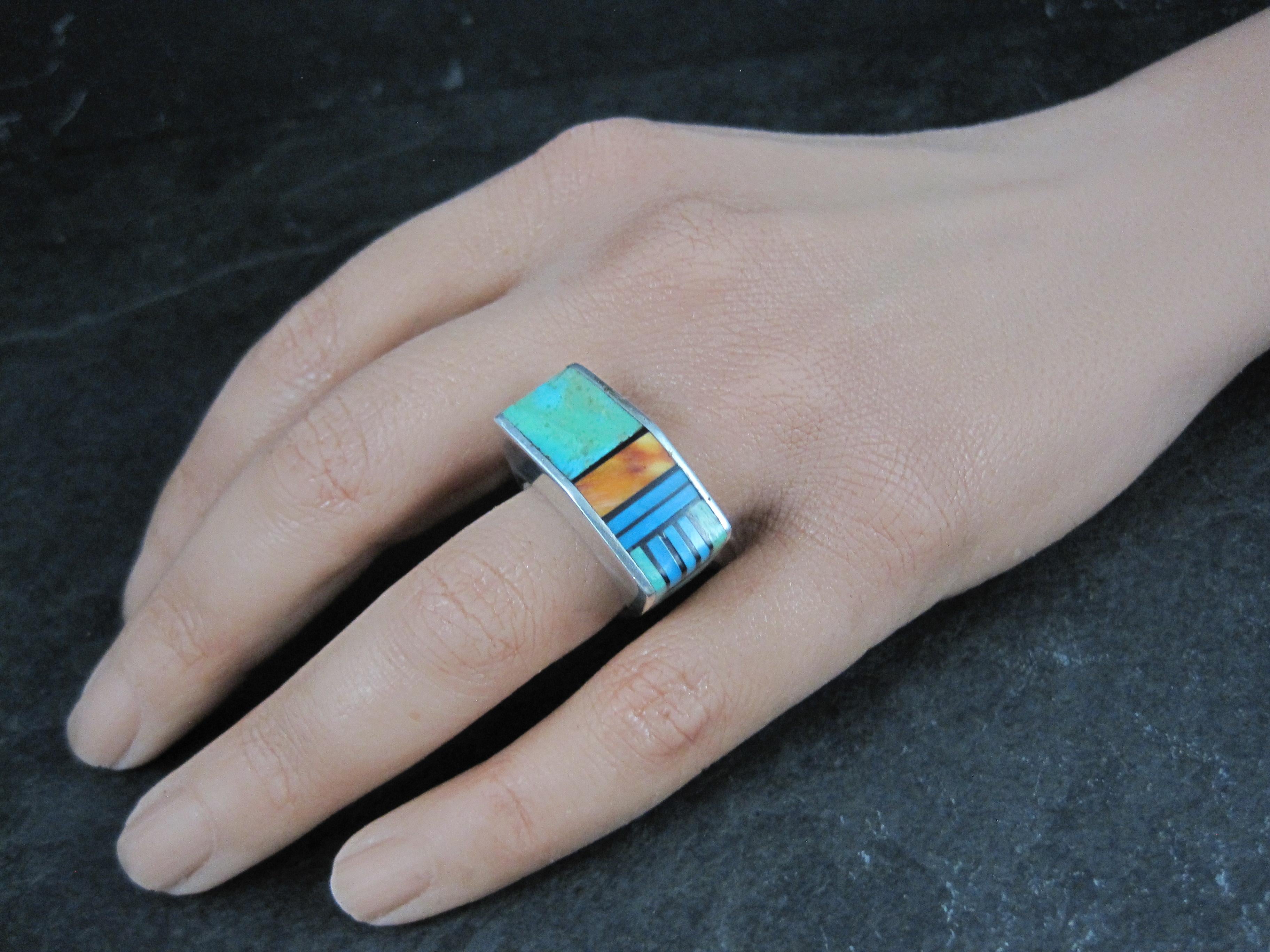 Vintage Southwestern Sterling Turquoise Spiny Oyster Inlay Ring Size 7 For Sale 3