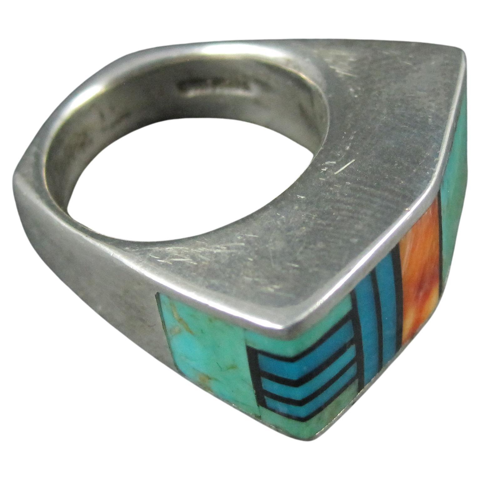 Vintage Southwestern Sterling Turquoise Spiny Oyster Inlay Ring Size 7