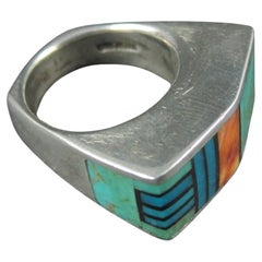 Vintage Southwestern Sterling Turquoise Spiny Oyster Inlay Ring Size 7