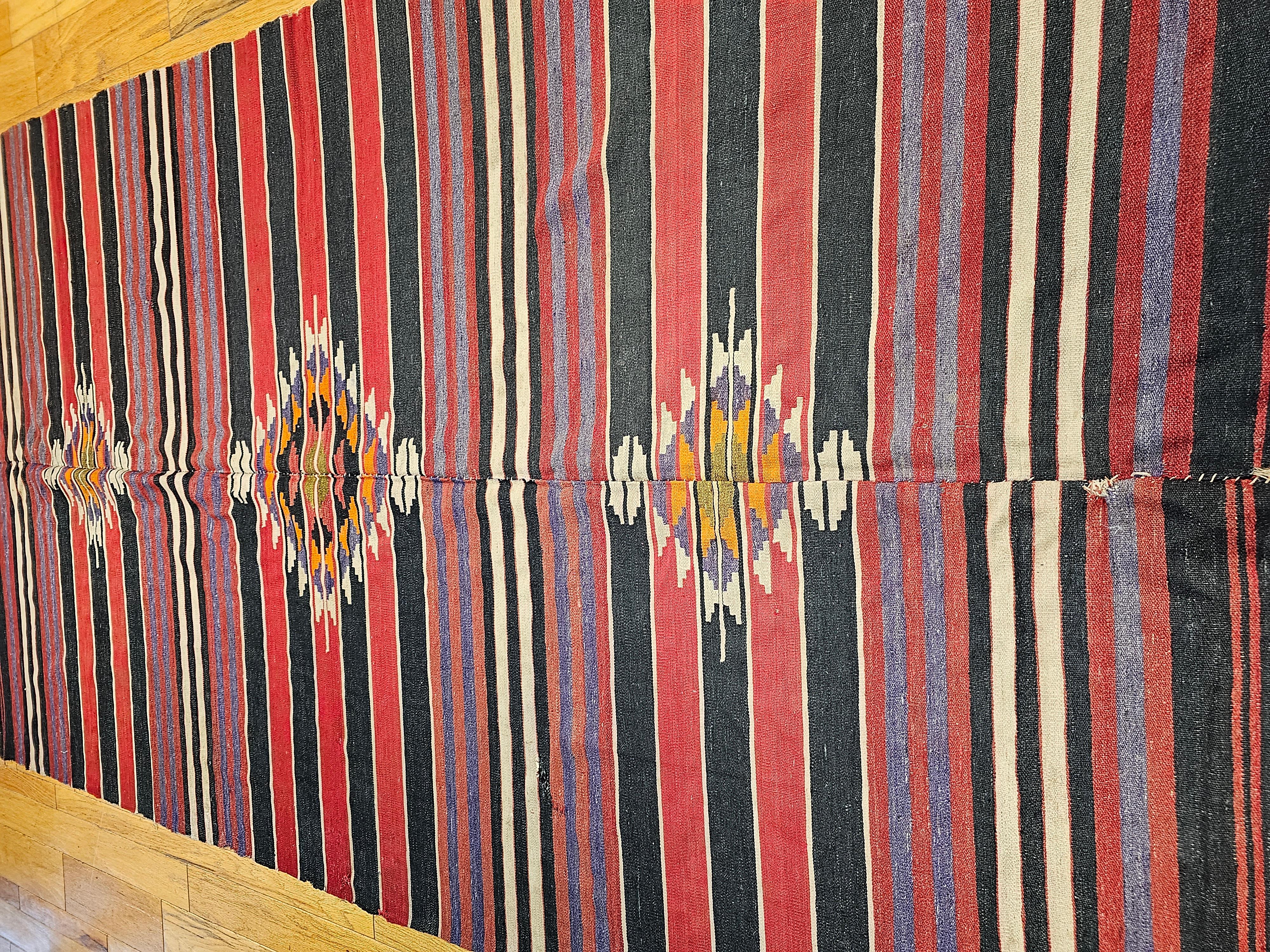 Vintage Southwestern Style Kilim in  Stripe Pattern in Burgundy, Lavender, Ivory For Sale 7