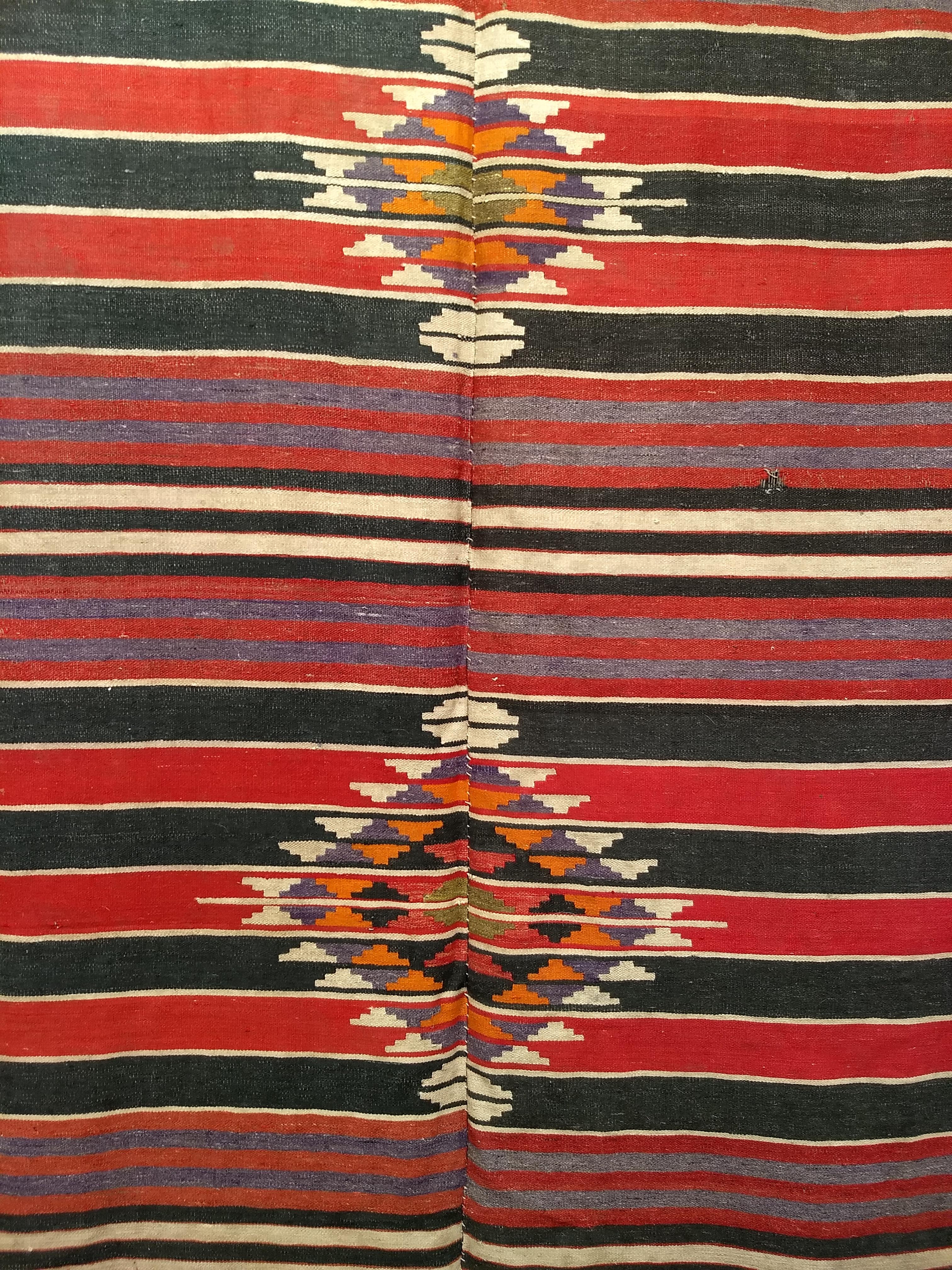 Turkish Vintage Southwestern Style Kilim in  Stripe Pattern in Burgundy, Lavender, Ivory For Sale