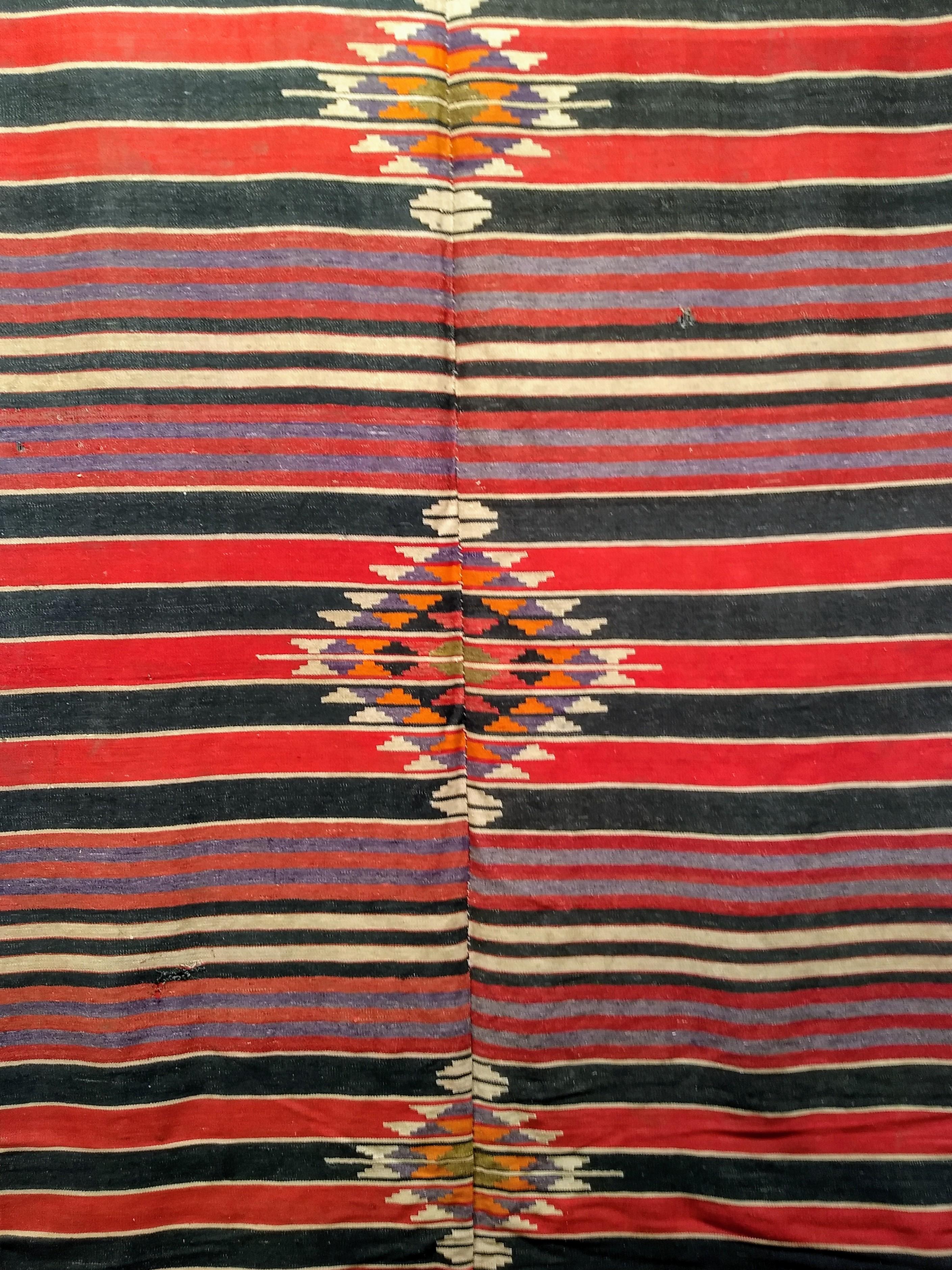Hand-Woven Vintage Southwestern Style Kilim in  Stripe Pattern in Burgundy, Lavender, Ivory For Sale